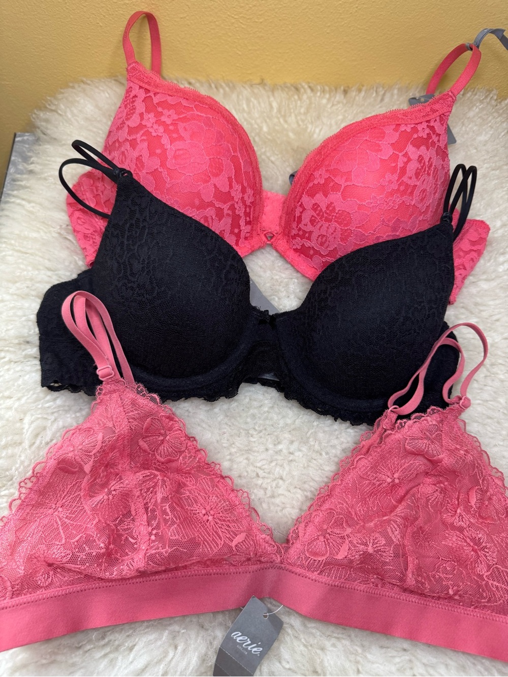 aerie Pink and Black Lace Bra Lot Trio NWT